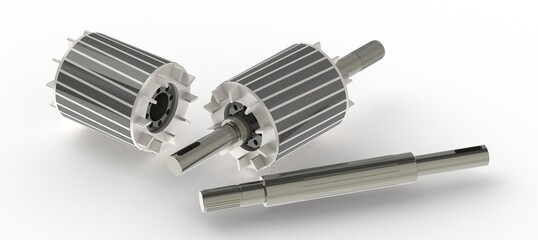 Squirrel cage rotor parts for asynchronous electric motor, 3d illustration