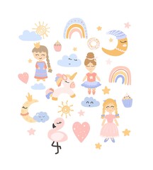 Set of cute pink characters. Drawn cartoon princesses, flamingo, rainbow, clouds, unicorn. Cartoon vector characters.