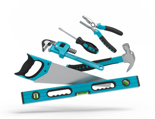 Flying view of green construction tools for repair on white