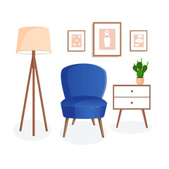 Cute interior with modern furniture and plants. Design of a cozy living room with soft chair, house plant, pictures and lamp. Vector flat style illustration.
