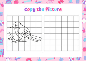 Copy the picture. Cute xenops bird. Drawing activity for kids. Educational game for preschool children. Vector Illustration. 