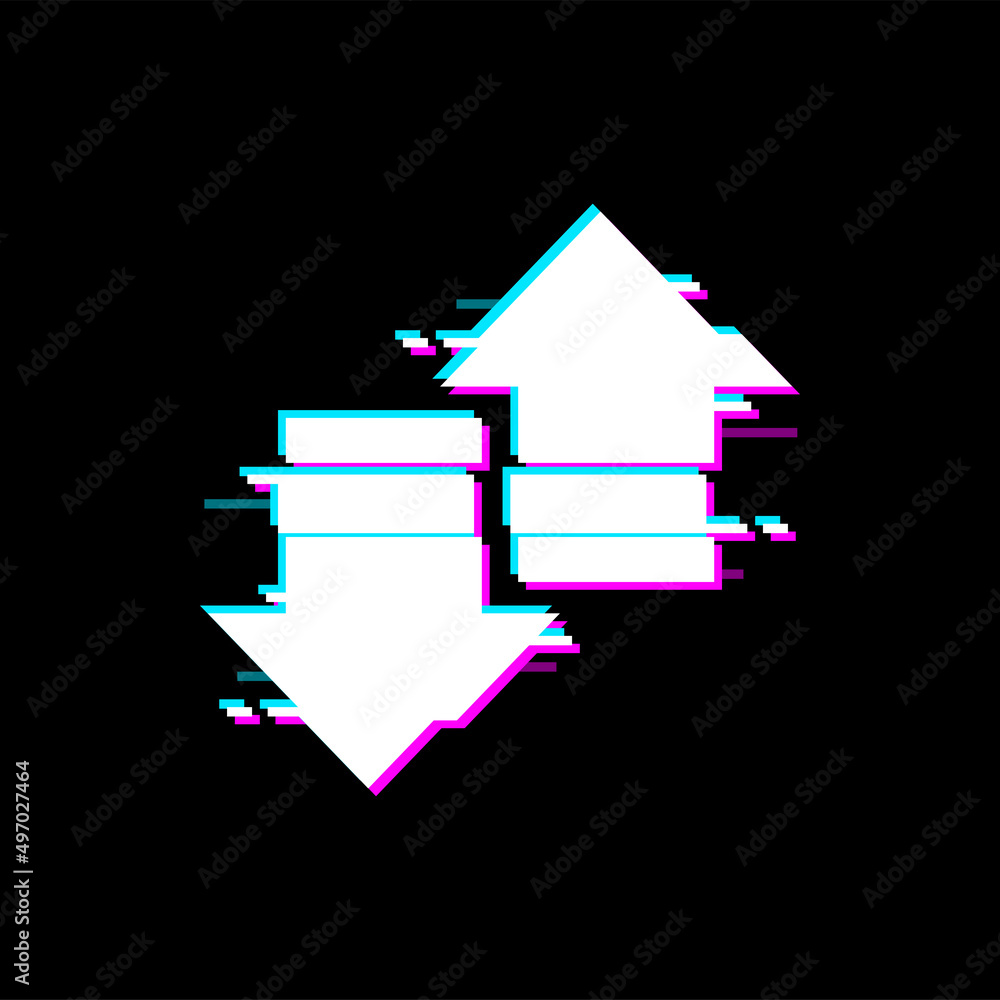 Poster Arrows pointing in opposite directions, up down isolated web navigation pointers with glitch effect. Vector computer play buttons, cursors with display malfunction, signal loss glitched digital noise