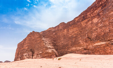 Sands and mountains of Wadi Rum desert in Jordan, beautiful daytime landscape