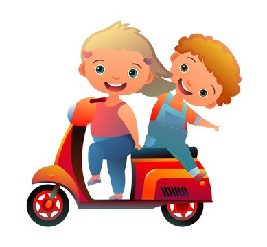 Scooter motorcycle. Boy kid little passenger and girl driving. Cartoon style illustration. Cute childish. Isolated on white background. Vector