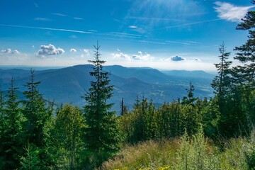 A view of the Beskid Mountains  towards Radhost mountain as seen from Lysa Hora, the highest peak of the Beskids in Czechia