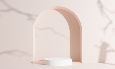 podium with wall arch background for product presentation. Mock up for exhibitions, 3d illustration