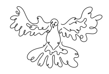 Unusual black and white sketch of flying phoenix-like bird with wide opened wings on the white background