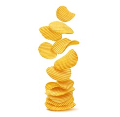 Stack, pile and heap of ripple crispy potato chips, vector junk food, fried snack dish or salty crisps portion. Realistic 3d thin slices of crunchy potato with salt and spices, falling ripple chips