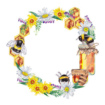 Floral round wreath of seasonal garden plants and bumblebees. Bees in meadow wildflowers with honey. Sunflower, daisy, field pease. Watercolor hand painted isolated element on white background.