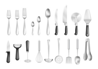 Realistic stainless metal kitchen appliances cutlery vector illustration