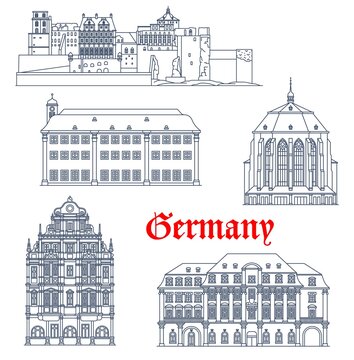 Germany Heidelberg architecture vector buildings and castles, travel landmarks. Heiliggeistkirche Church of Holy Spirit, Heidelberg Schlossberg castle, Ruprecht Karl University and Rathaus in Germany