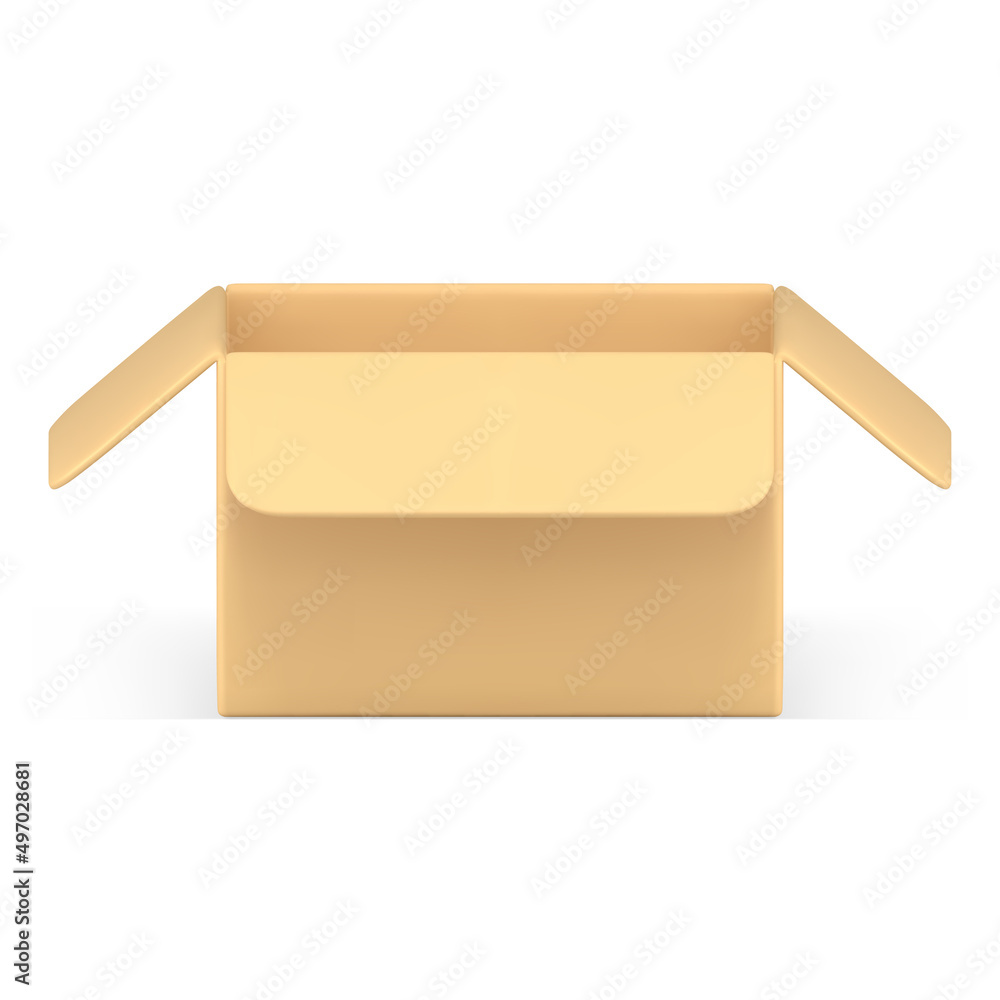 Poster open cardboard box front view 3d icon realistic vector illustration. isometric container package
