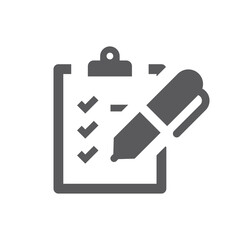 Clipboard checklist and pen black vector icon. To do checkmark, manage tasks filled symbol.
