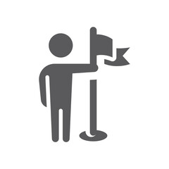 Man, person and flag black vector icon. Business achievement and success filled symbol.