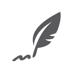 Quill pen and ink trail black vector icon. Feather and track filled symbol.
