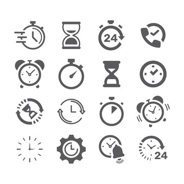 Clock, stopwatch black vector icon set. Chronometer, fast watch and 24 hours filled icons.