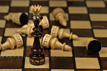 Black king standing on a chessboard in front of lying white pawns
