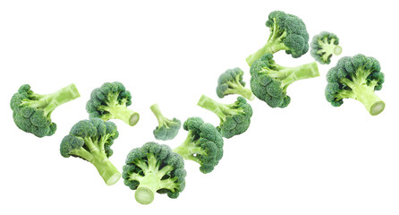 Flying broccoli, isolated on white background