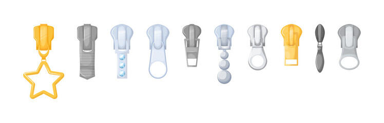 Realistic zipper for fasteners. Sliders puller set vector © Idey