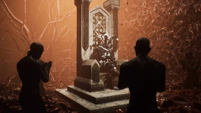 A bloody clown sits on a royal throne in his nightmarish catacombs, guarded by his obedient zombies. The concept of a creepy, inhuman kingdom. Animation perfect for scary, fantasy backgrounds.