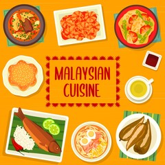 Malaysian cuisine menu cover page design. Fish curry, chilli shrimps and noodle soup Soto Ayam, Bak Kut Teh, pie Kuih Bakar Pandan and chilli peppers stuffed with fish, grilled fish with coconut crust