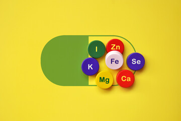 Icons of minerals and macronutrients on the silhouette of the pill. Multi vitamin complex
