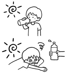 熱中症予防に水を飲む男児と熱中症の男児のイラスト素材セット。