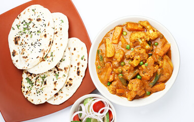 Indian food Mix vegetable curry with Tandoori roti or nan, Indian flat bread