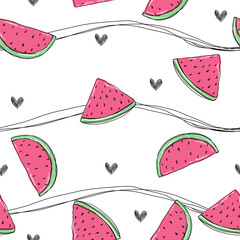 Cute watermelon white pattern fruit with hearts line doodle seamless background. Textiles for kitchen, baby. Minimalism paper scrapbook for kids.