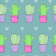 Hand drawn cute cactus with hearts seamless pattern. Green paper cacti family. Texture for Valentine's day, children.