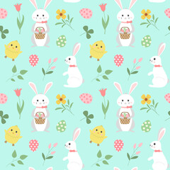 Spring easter seamless pattern. Repeat texture with bunny, chick, eggs, and flowers on bright background. For greeting cards, wrappings, fabrics.