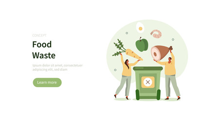 Food loss and waste. Characters throwing away raw and prepared food. Environment and resources problems concept. Vector illustration.