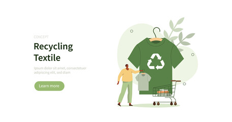People characters buying recycling textile. Recycle and sustainable fashion concept. Vector illustration.