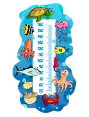Kids height chart with cartoon sea animals and fish. Vector growth measure meter ruler on sea background with blue ocean waves, crab and octopus, squid, sea turtle and jellyfish with stadiometer scale