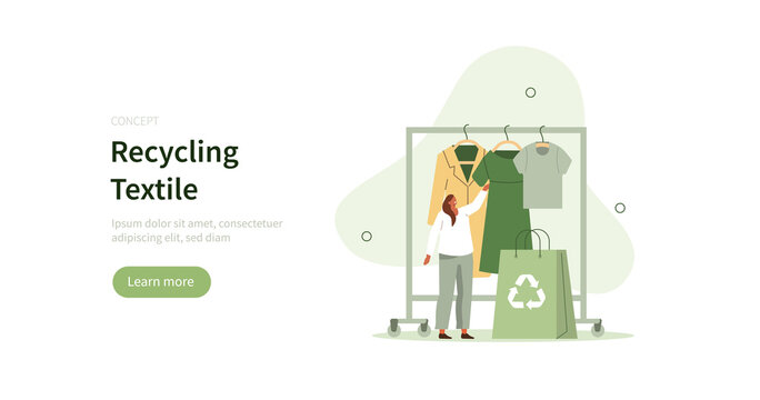People characters choosing and buying recycling textile. Recycle and sustainable fashion concept. Vector illustration.
