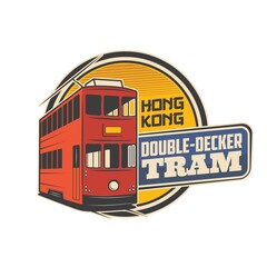 Double decker tram, Hong Kong travel vector icon of tourism. Electric red rail tram of Hong Kong. Isolated round symbol of sightseeing tours and public transport theme - obrazy, fototapety, plakaty