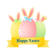 Cute Happy Easter greeting card. Bright cartoon illustration of three colorful eggs decorated with bunny ears and ribbons on white background. Vector 10 EPS.