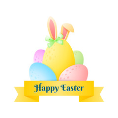 Cute Happy Easter greeting card. Bright cartoon illustration of three colorful eggs decorated with bunny ears and ribbons on white background. Vector 10 EPS.