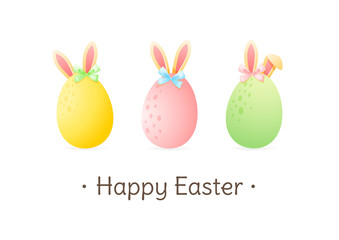 Cute Happy Easter greeting card. Bright cartoon illustration of three colorful eggs decorated with bunny ears and ribbons. Vector 10 EPS.