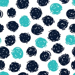 Sketchy dots vector, hand drawn, seamless pattern. Black and blue dots. Abstract background with various textured circles of various shapes. Wallpaper, paper, fabric, textile design.