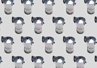 Seamless pattern with Italian geyser coffee makers on a grey background.