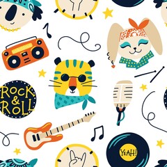 Cute animal rock star seamless pattern with lettering. Hand drawn colorful doodle cartoon characters in rock accessories, musical instruments. Ideal for baby textiles, wallpaper, wrapping paper.