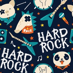 Cute animal rock star seamless pattern with lettering. Hand drawn colorful doodle cartoon characters in rock accessories, musical instruments. Ideal for baby textiles, wallpaper, wrapping paper.