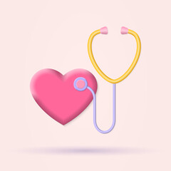 Stethoscope with heart 3d icon. Doctor, hospital symbol. Medical and health care concept. Vector illustration.