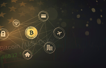 Bitcoin cryptocurrency coins exchange wallet. Web3.0 blockchain technology graph scene altcoins, business finance mining, digital money market. US Dollar currency in global digital economy adoption.