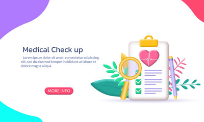 Medical checkup banner. 3d health check up. Check list on clipboard with heart icon. Healthcare, cardiovascular diagnostic concept. Vector illustration.