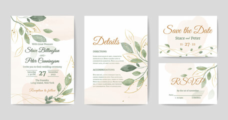 Fototapeta na wymiar Wedding invitation, set of details cards, save the date, rsvp, watercolor in modern style. Elegant greenery decoration. Vintage botanical rustic nature graphic. Vector trendy romantic template.