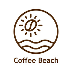 Coffee Shop. Logotipo con texto Coffee Beach con silueta de frijol de café como sol con olas en círculo en color marrón