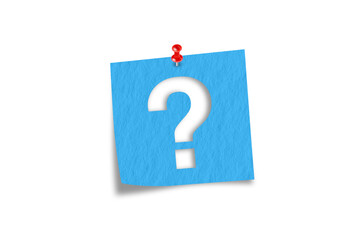 Blue note paper with question mark on white background