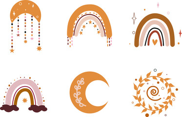 Boho rainbow bundle, sun and moon, Nursery Rainbow Vector, Can be used for baby t-shirt print, fashion print design, kids wear, nursery decor, wall art, baby shower, celebration, greeting card.